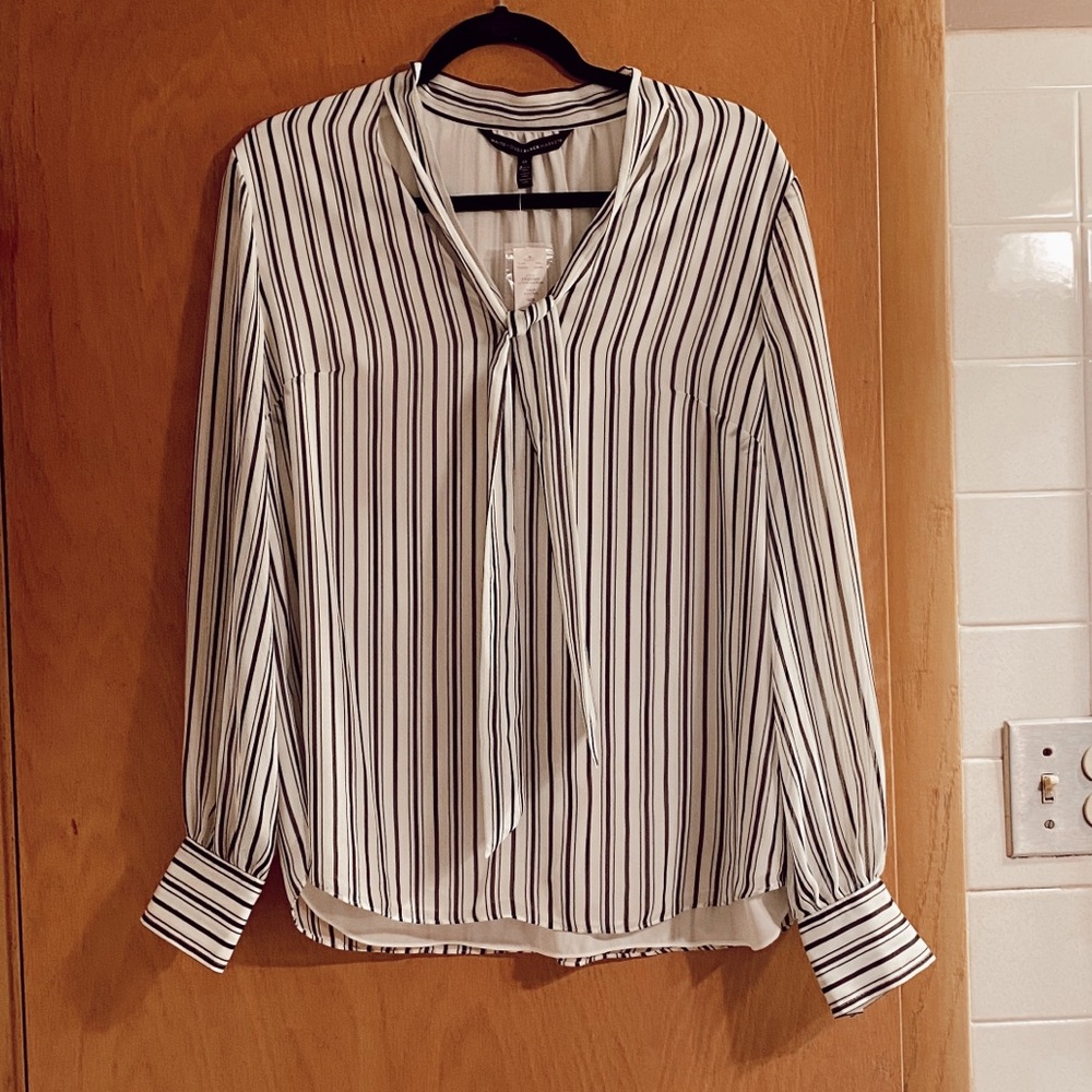 NewWhite House Black Market Stripe Tie Neck Blouse